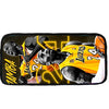 A black zippered pouch featuring a graphic of a basketball player in a yellow Lakers jersey.