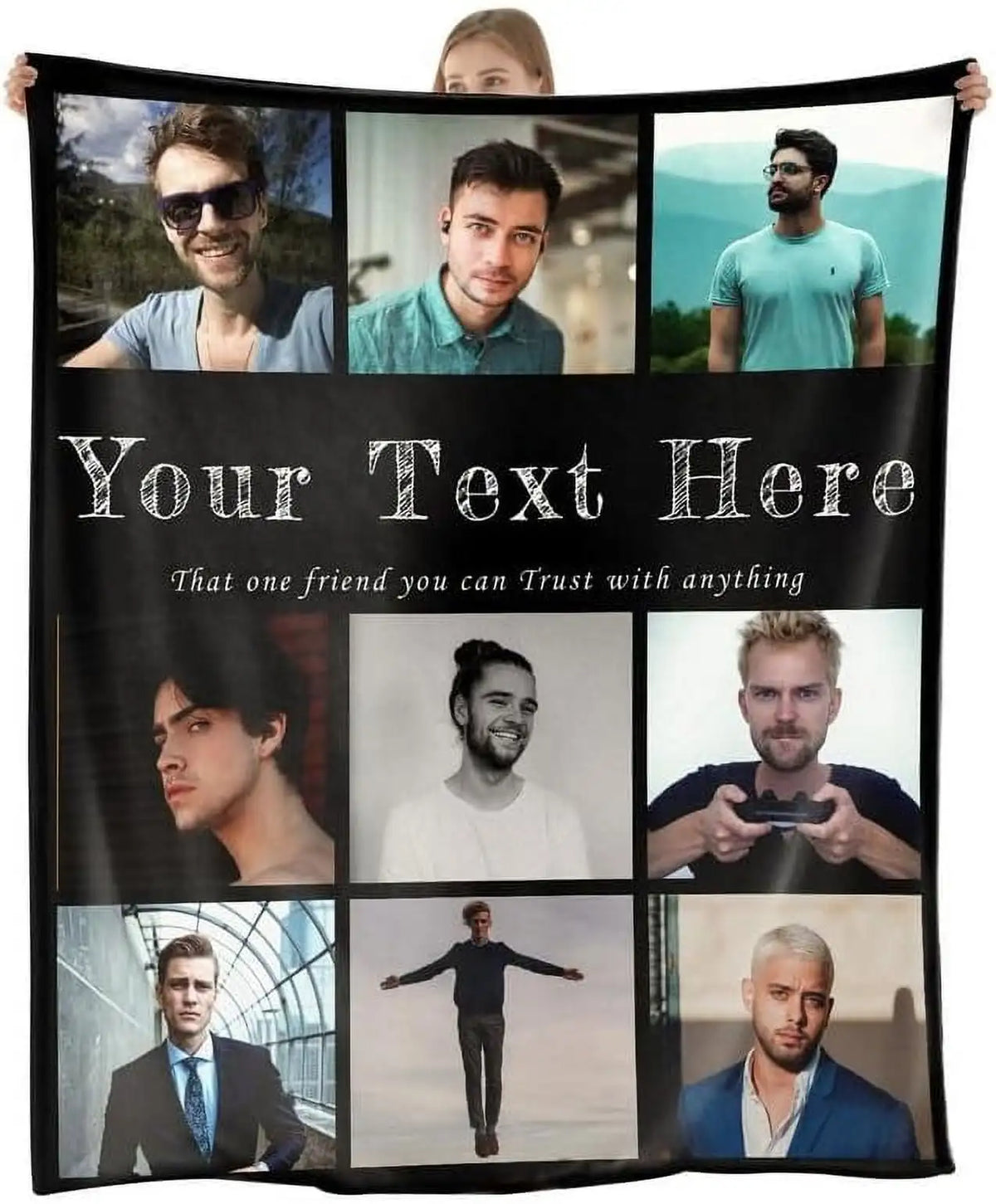 A photo collage featuring multiple individuals in various poses and settings on a black fabric blanket.
