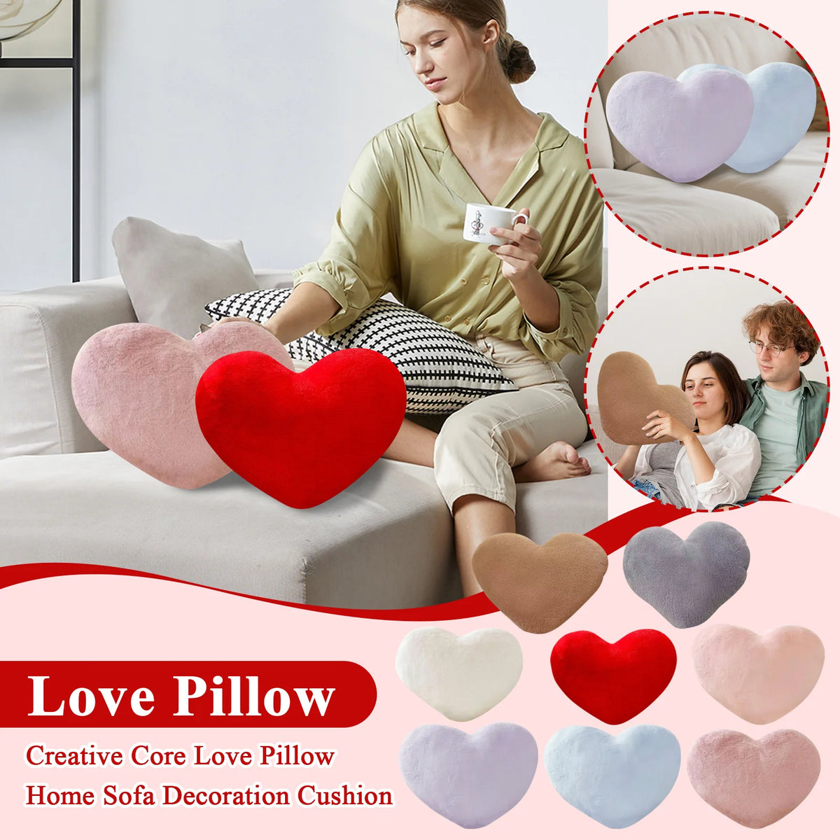 A collection of heart-shaped love pillows in various colors including pink red purple and blue used for home sofa decoration.
