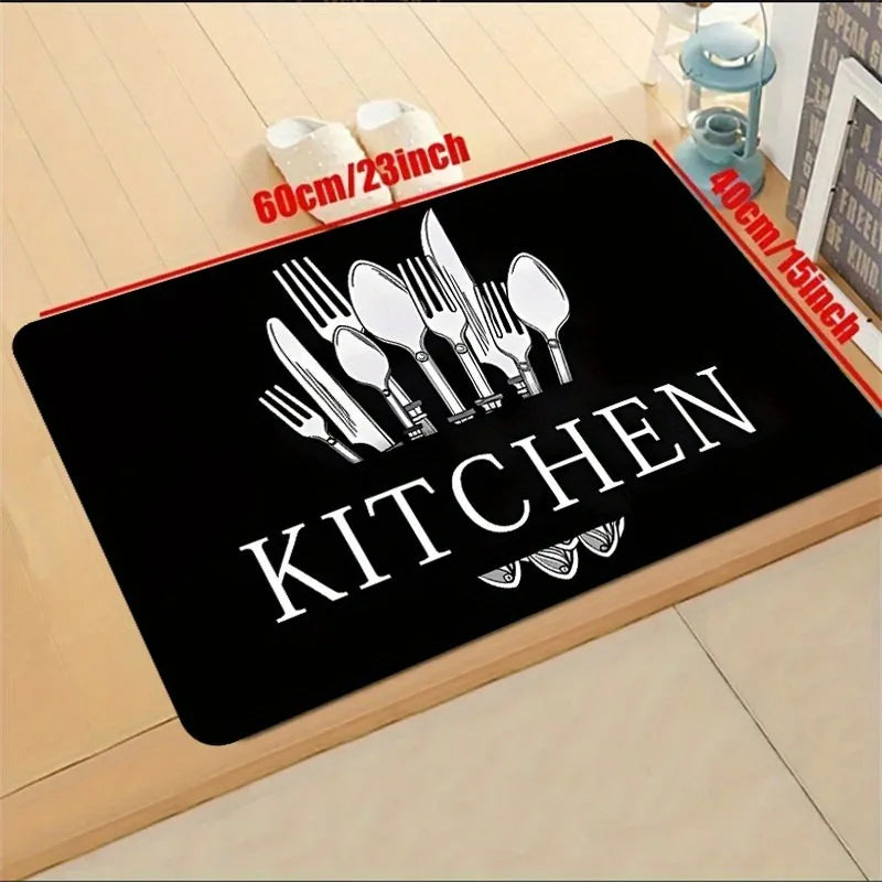 Black non-slip washable kitchen mat with silverware silhouette and dimensions 60cm/23inch