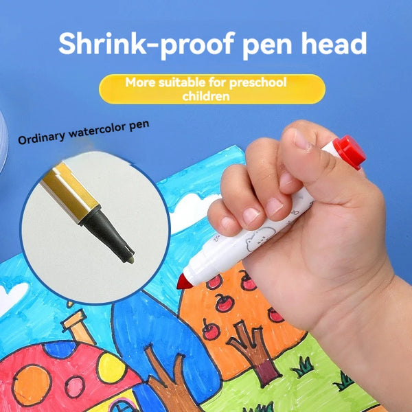 A hand holds a white and red pen writing on colorful watercolor paper, demonstrating a shrink-proof pen head.