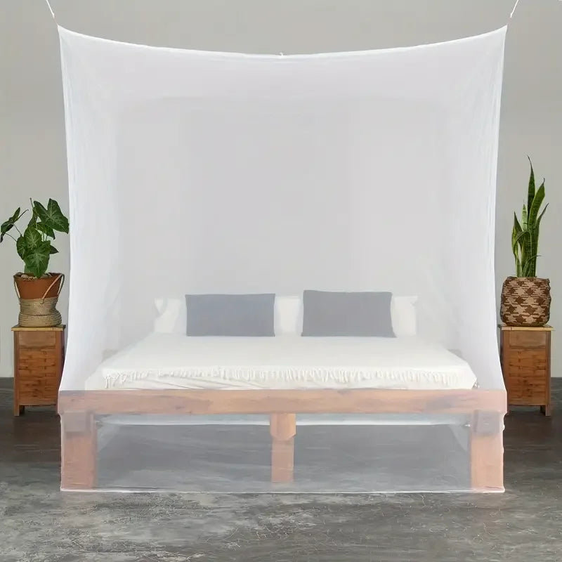 A single opening encrypted mosquito net is suspended over a wooden bed frame in a room.