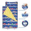 A blue toddler nap mat with a removable pillow and fleece blanket showing various features like Velcro and tags.