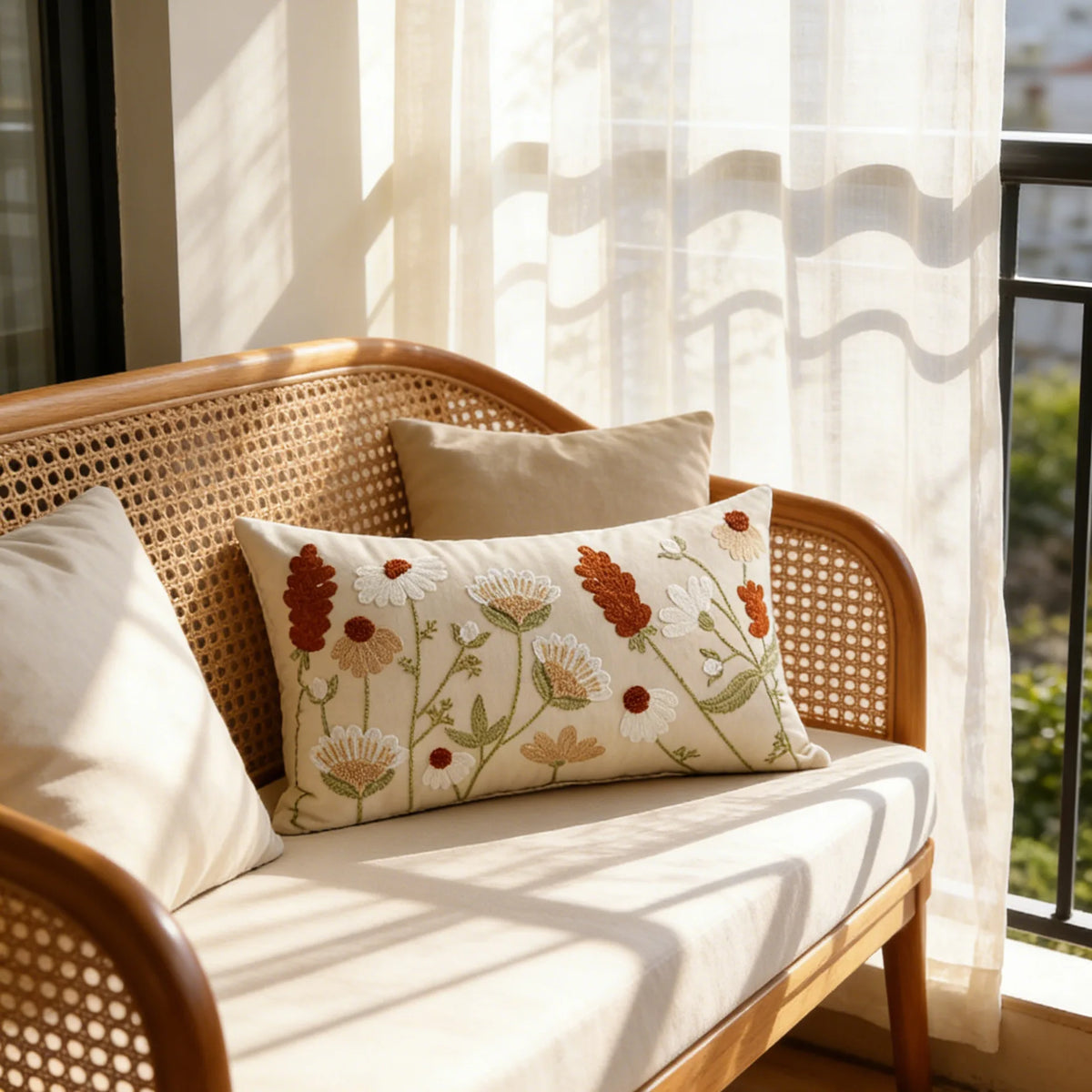 A beige wicker armchair with floral embroidered throw pillow covers sits next to a window.