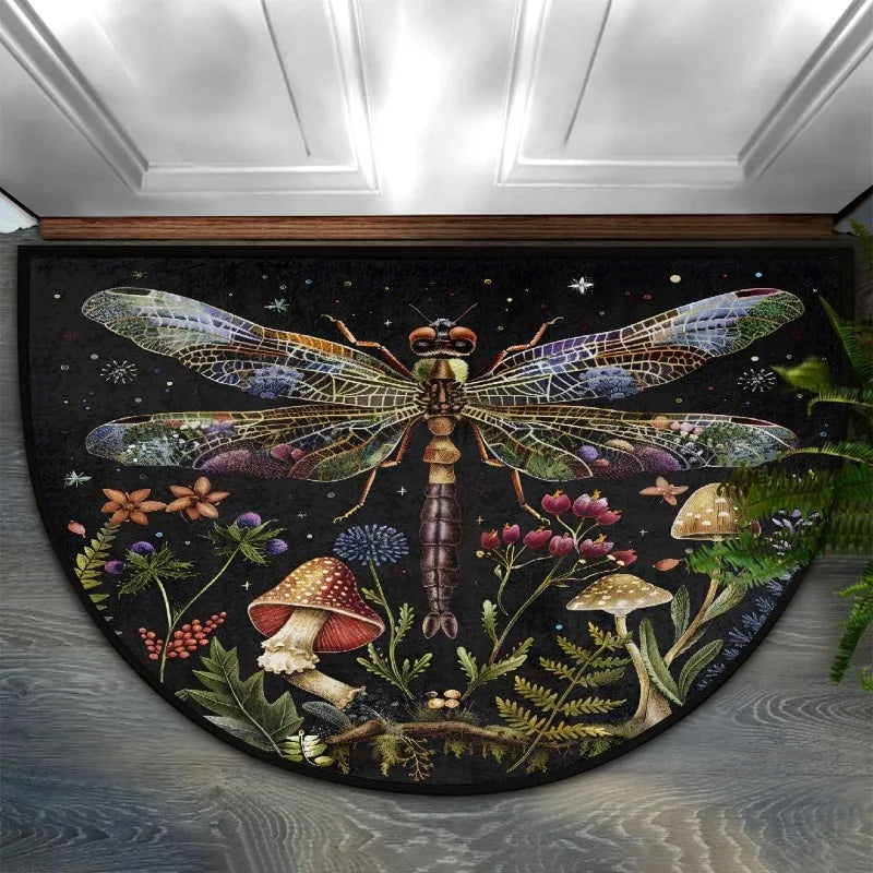 A dark floral entry rug featuring a whimsical illustration of a dragonfly and various mushrooms.