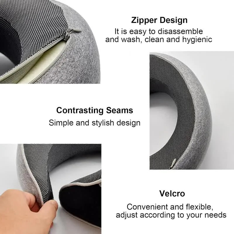 Close-up view of a gray memory foam travel neck pillow showing zipper design, contrasting seams, and velcro adjustment.
