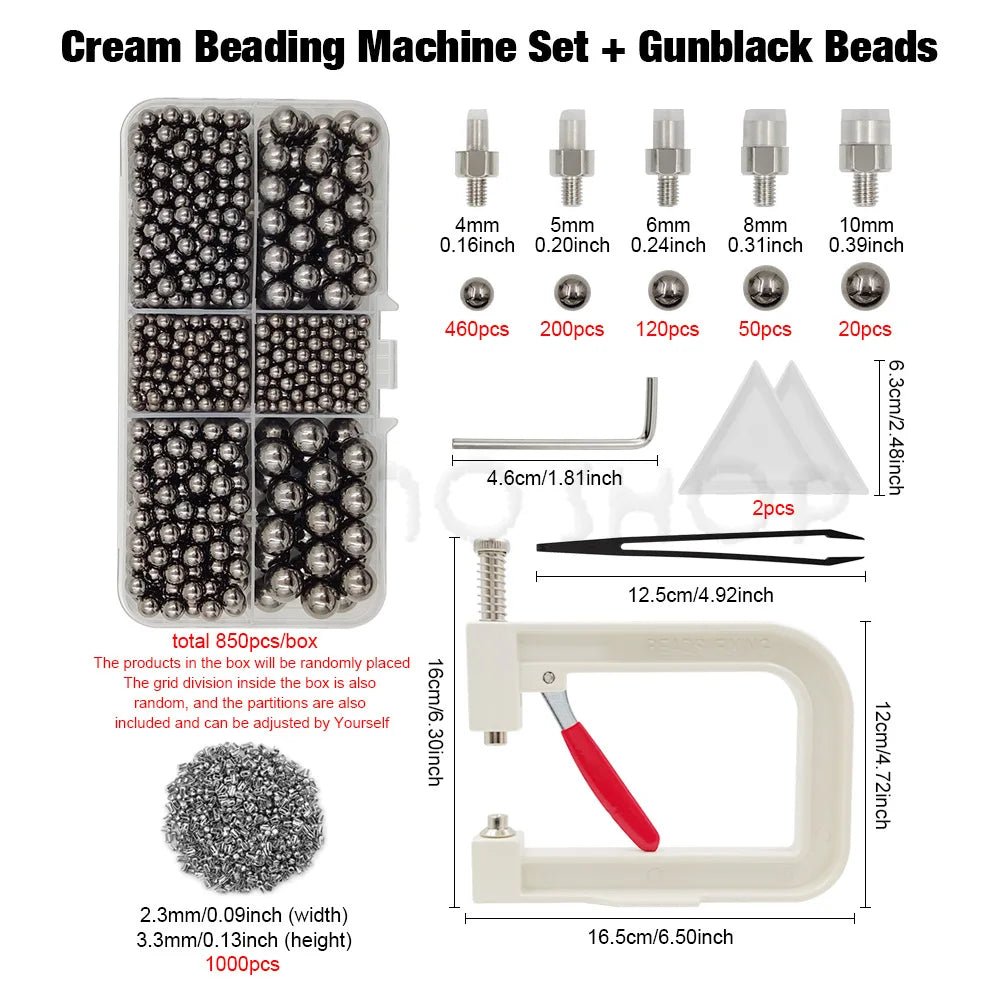 A set of cream beading machine beads including various sizes and a bead setting kit with rivets.