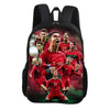 A black backpack featuring a collage of football players in red jerseys.
