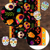 A vibrant Day of the Dead sugar skull linen table runner featuring colorful skulls and floral patterns.
