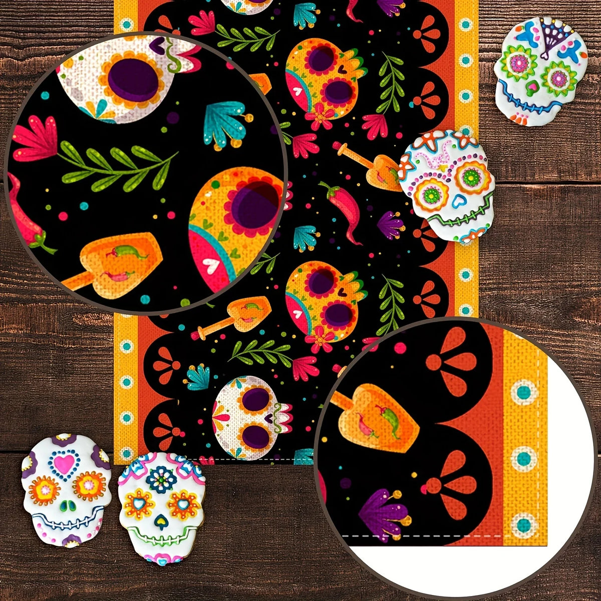 A vibrant Day of the Dead sugar skull linen table runner featuring colorful skulls and floral patterns.