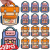 A set of 50 cute cartoon birthday and party goodie bags in various colors and designs.