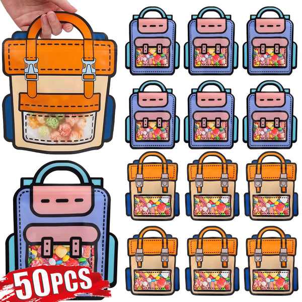 A set of 50 cute cartoon birthday and party goodie bags in various colors and designs.