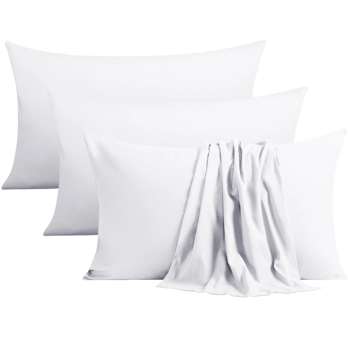 A set of four white microfiber pillow covers stacked together.