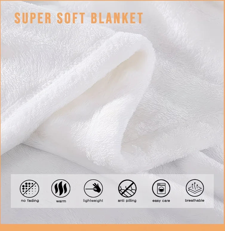 A white super soft blanket folded, showing features like no fading, warmth, anti-pilling, easy care, and breathability.