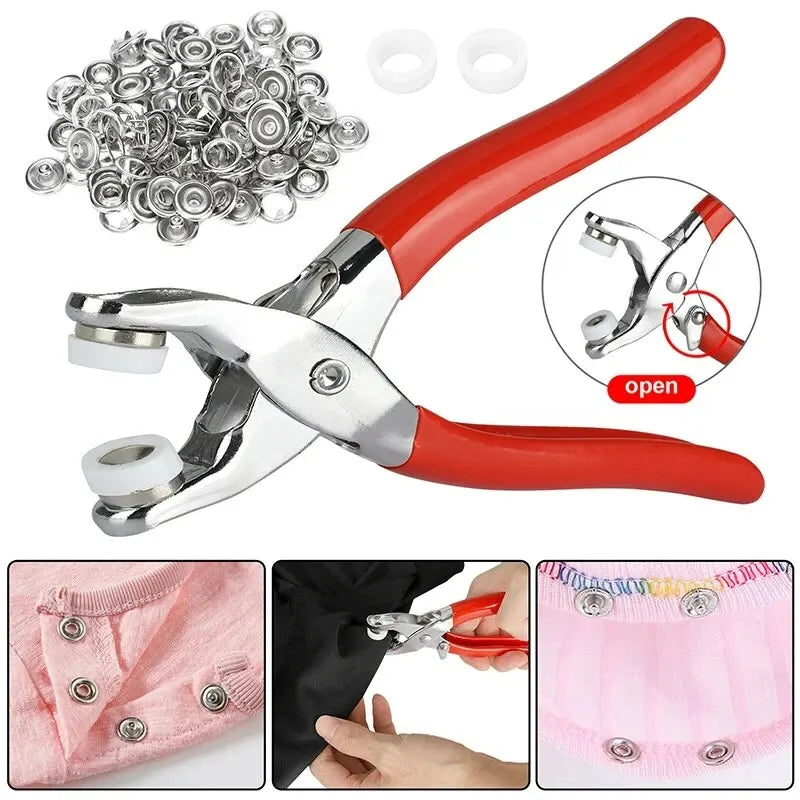 A set of metal prong rings and snap buttons used as DIY sewing tools, shown with pliers and examples of use on fabric.