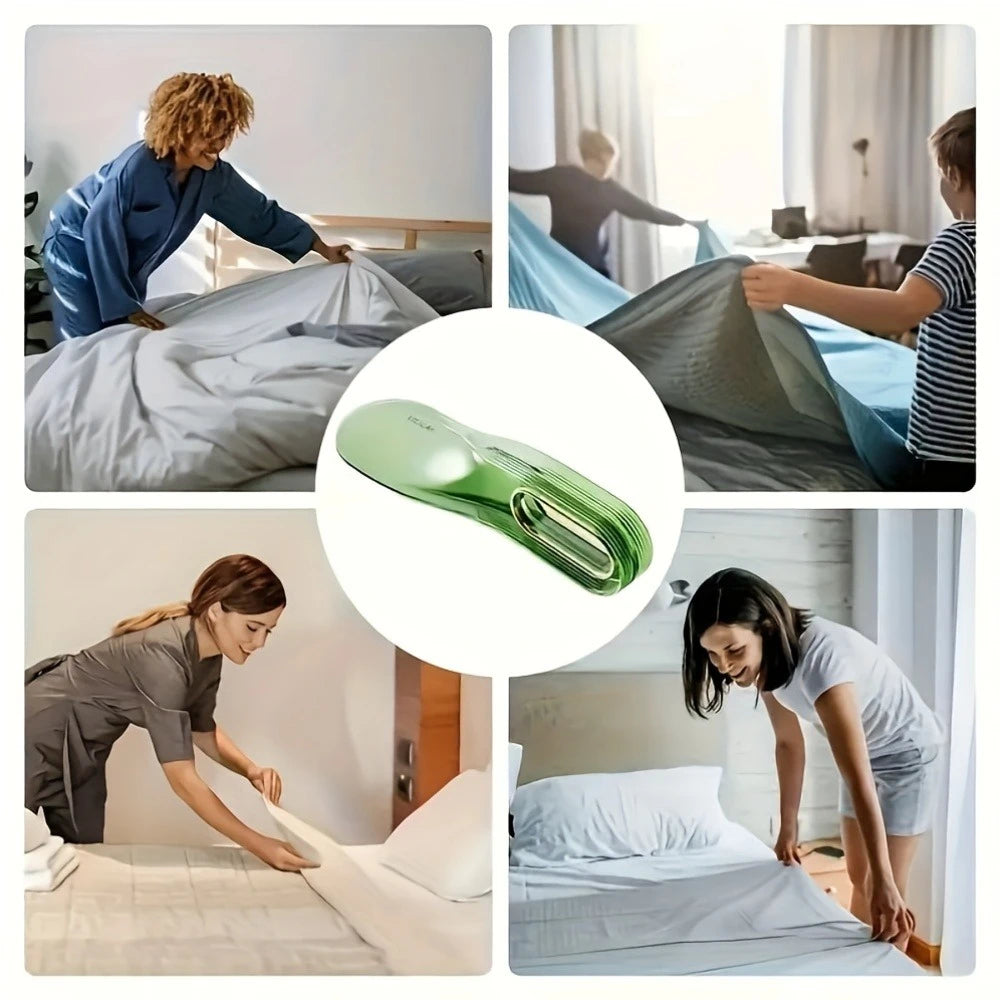 A heavy duty mattress lifter and bed linen organizer is shown being used to lift and organize bedding.