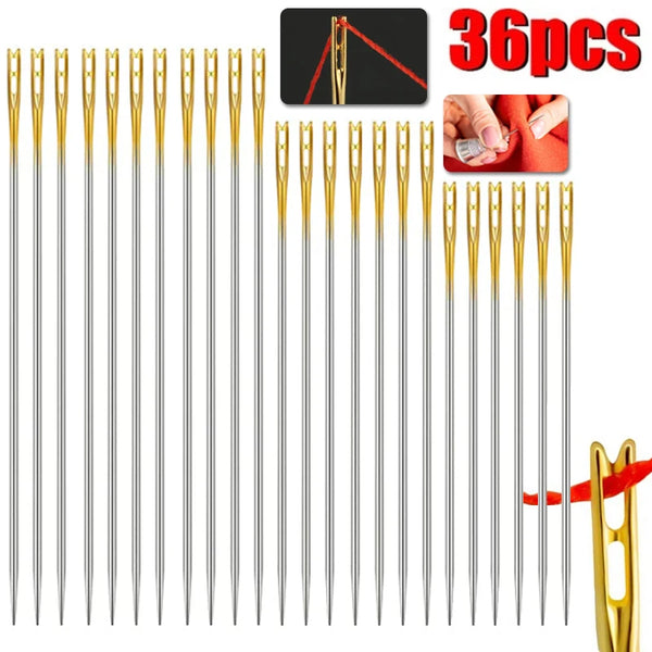 A set of 36 precision self-threading sewing needles in gold and silver colors with a red cloth background.
