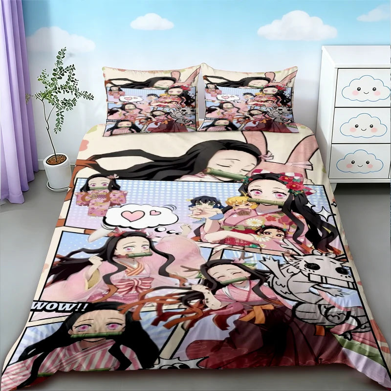 Anime Demon Slayer duvet cover set featuring characters from the series in a colorful design
