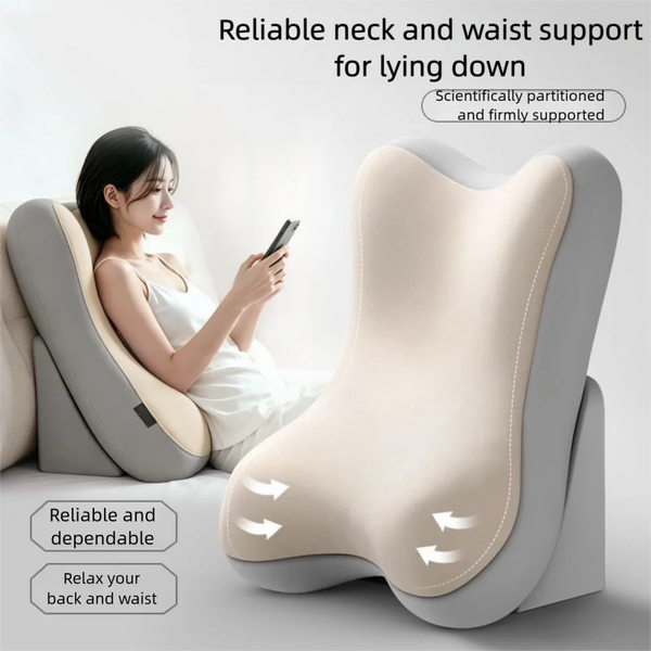 A person is lying down using a supportive neck and waist pillow designed for reliable support while lying down.