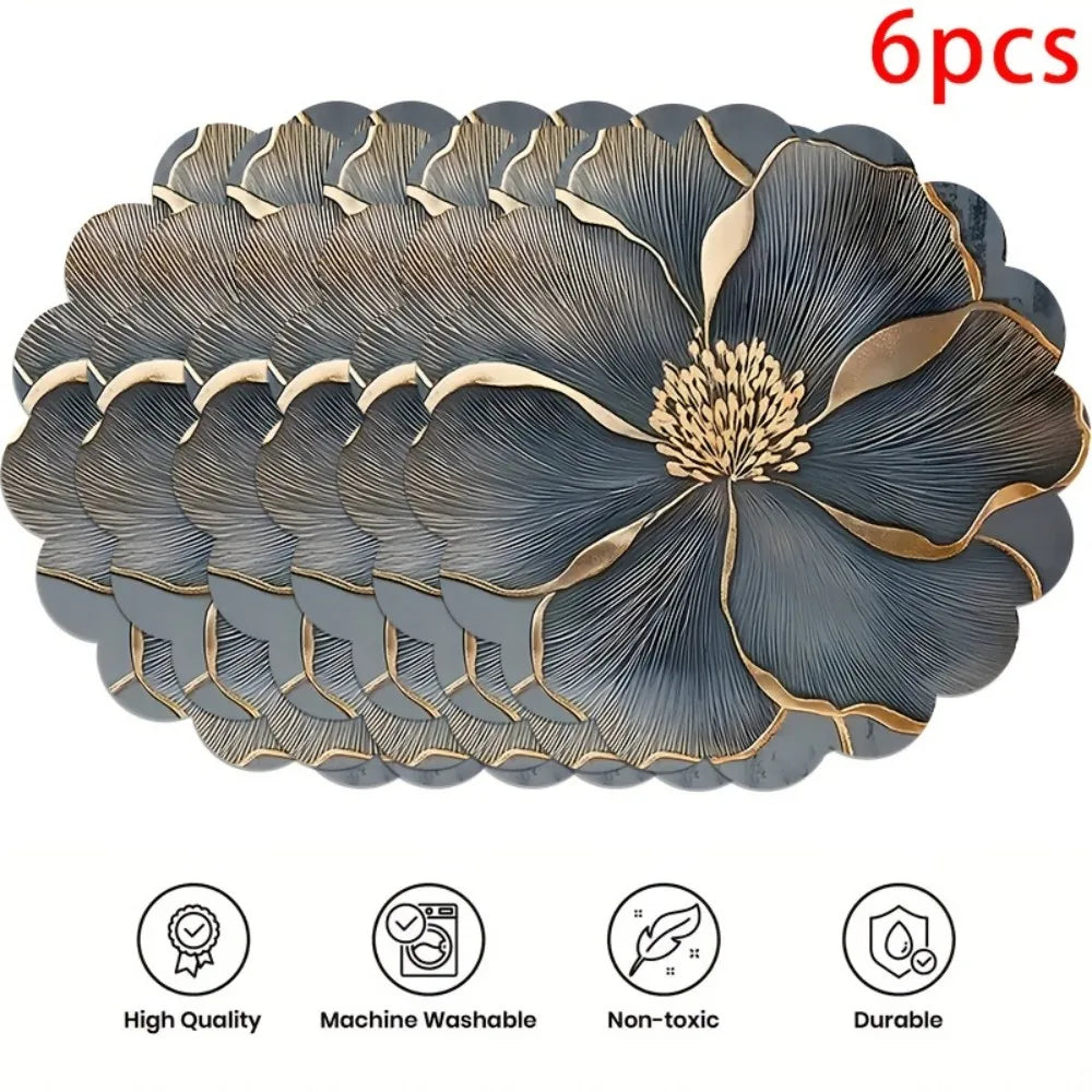 Set of six gray floral non-slip placemats with gold accents for modern dining tables