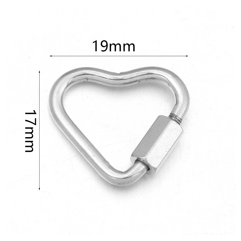 Silver heart-shaped stainless steel screw lock carabiner clasp for jewelry making