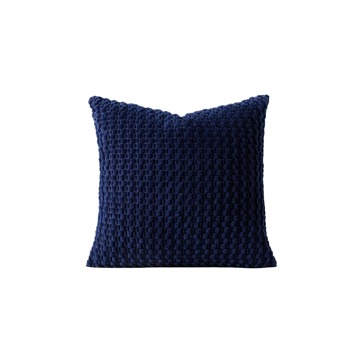 A dark navy blue corduroy pillow cover with a textured, small grid pattern.