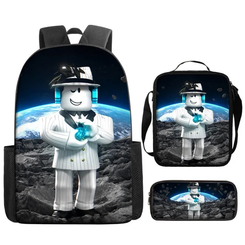 A black backpack featuring a cartoon character in a white school uniform standing on a rocky surface.