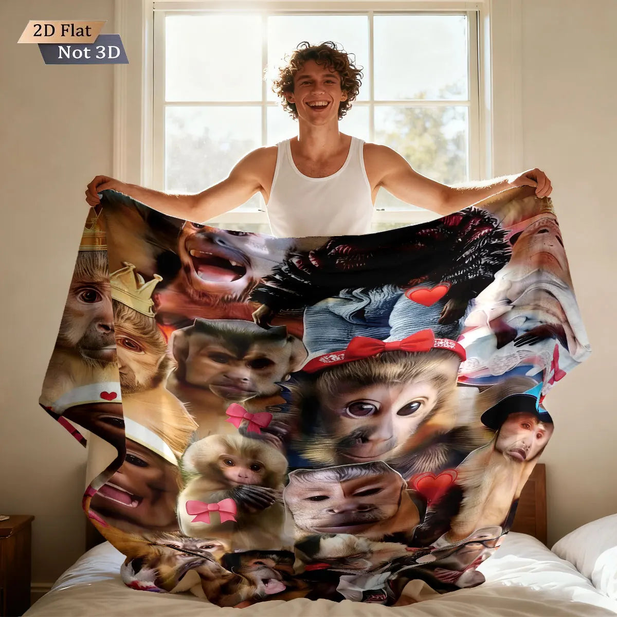 A funny monkey print flannel blanket displayed on a bed.