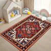 A richly patterned bohemian Persian area rug featuring deep reds, blues, and cream accents on a light wood floor.