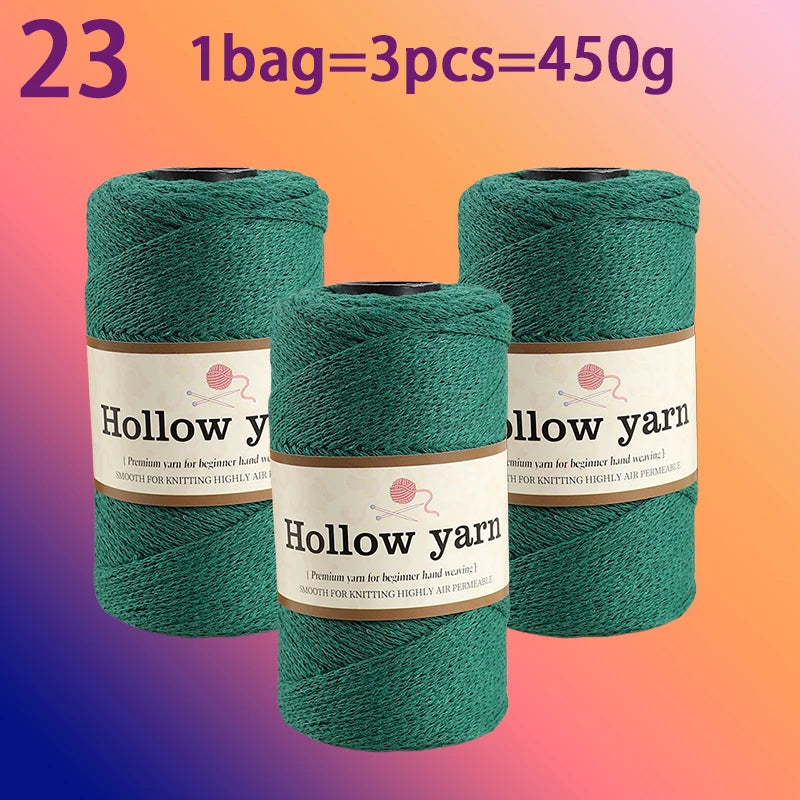 Three spools of Hollow yarn, each containing 3 skeins for a total of 450g.