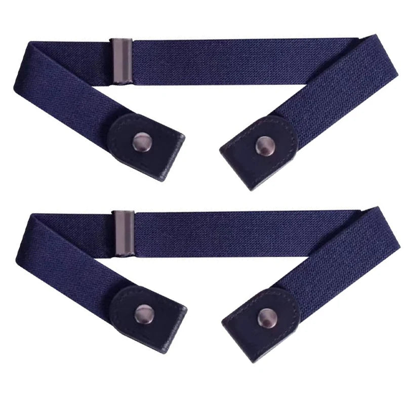 A dark blue stretch elastic belt for pants and jeans shown laid out.