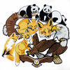 An embroidery patch featuring various animal designs including pandas, foxes, and an eagle.