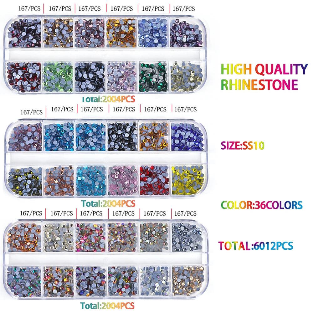 A collection of 6012 pieces of various colored and sized rhinestones packaged in clear plastic compartments.