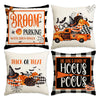 Set of four Halloween cushion covers featuring broom, trick or treat, and pocus designs on white fabric.