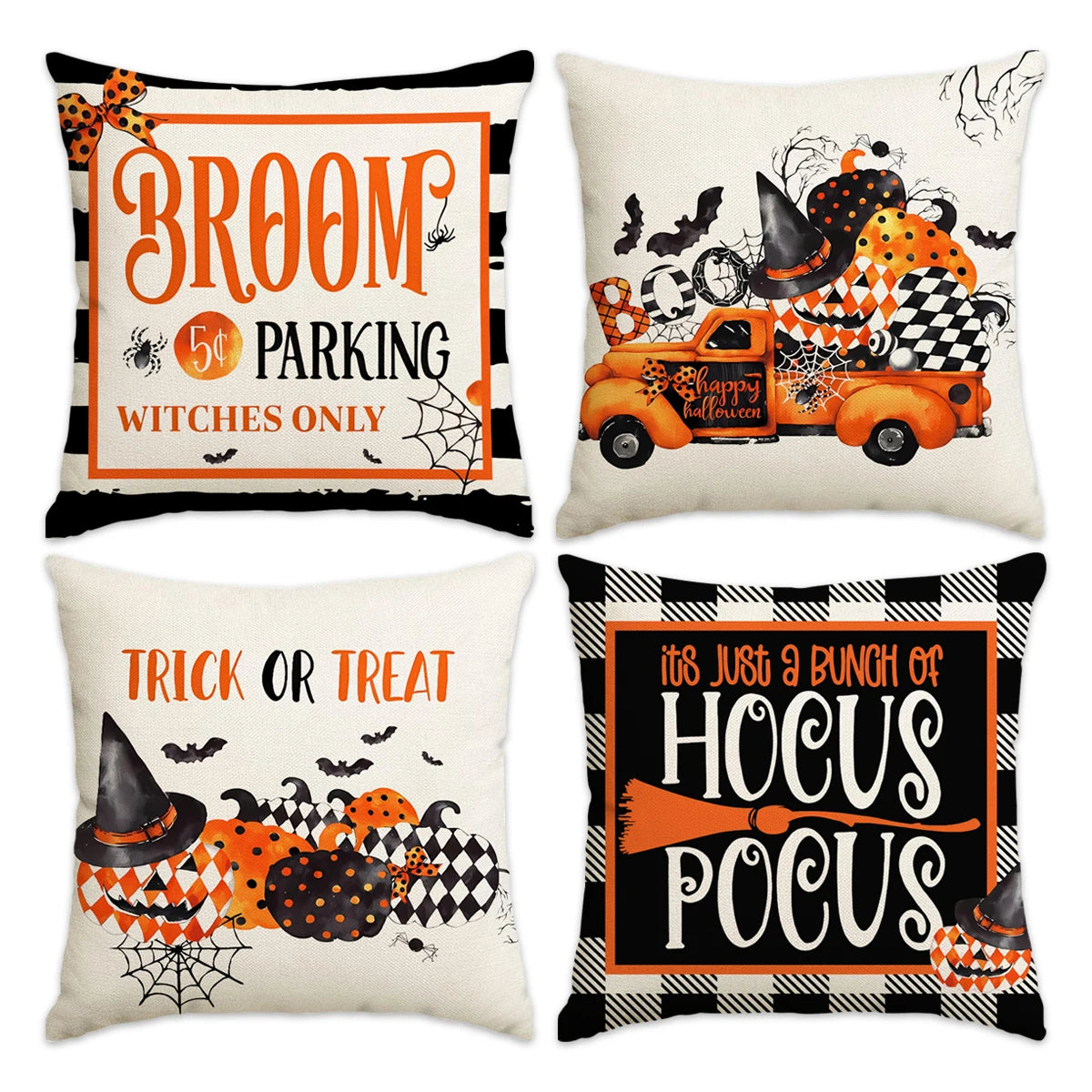 Set of four Halloween cushion covers featuring broom, trick or treat, and pocus designs on white fabric.