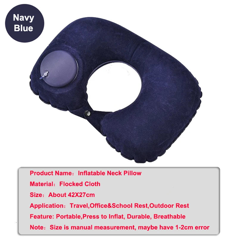 Navy blue inflatable neck pillow with a circular eyelet for travel and rest