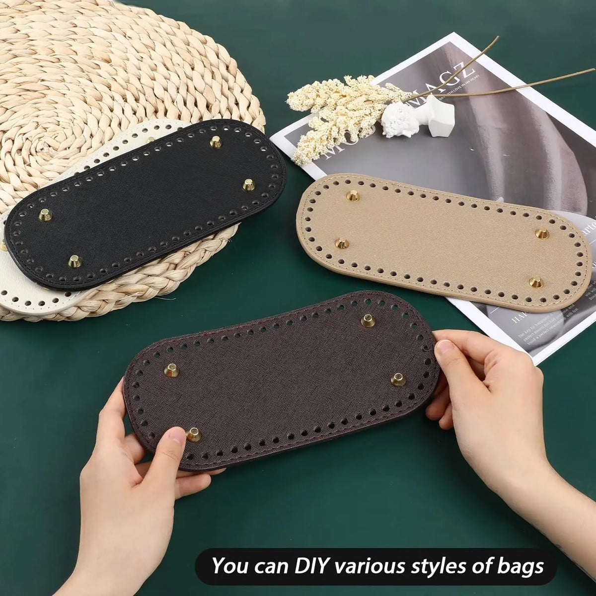Hands are placing dark brown and tan PU leather bag bottom pads onto a woven mat for crafting.