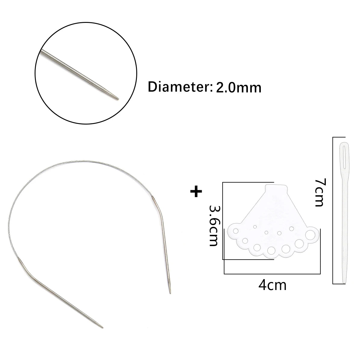 Stainless steel circular knitting needles set with a 2.0mm diameter and a 7cm long needle.