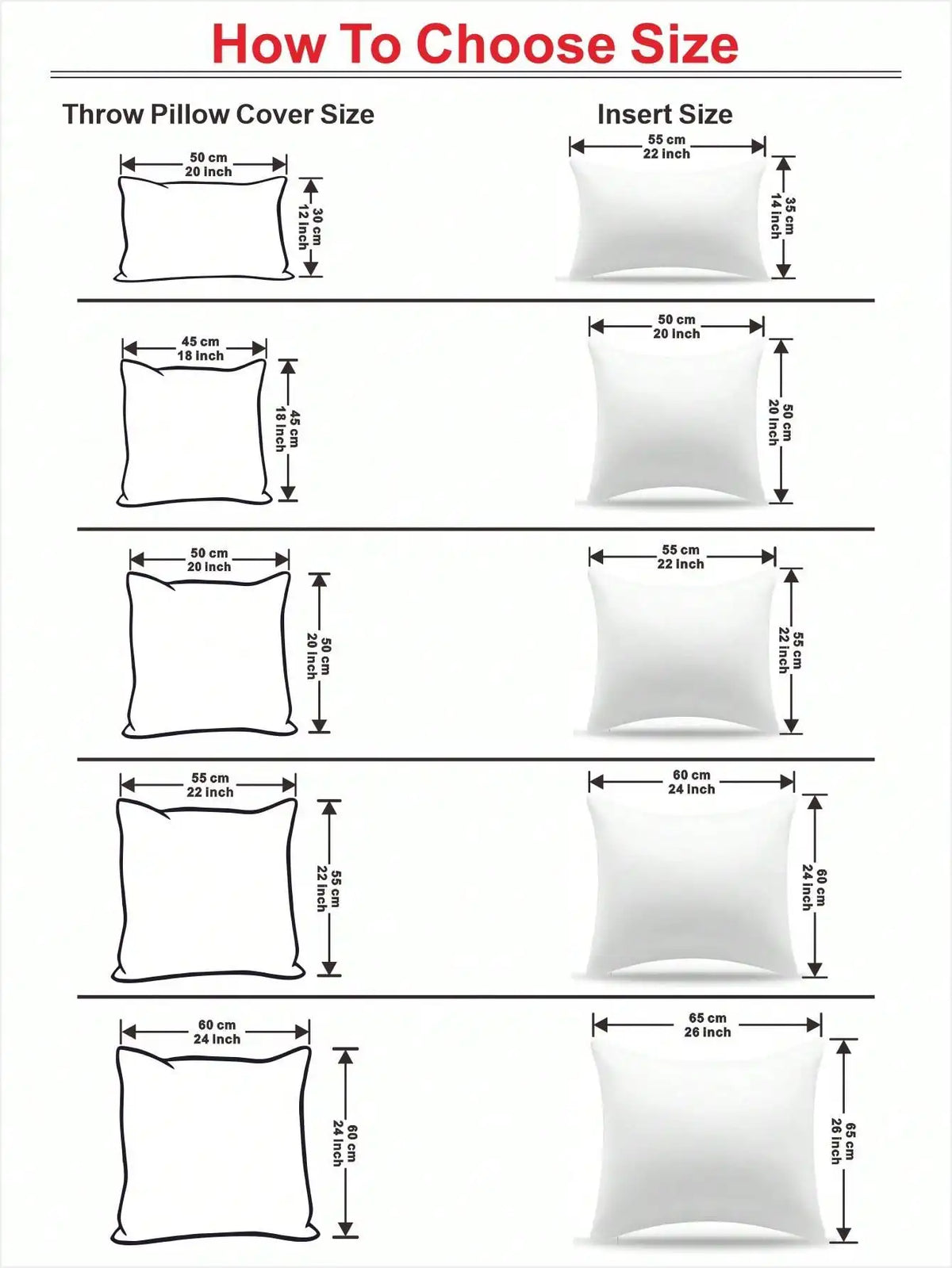 Diagrams showing various sizes for throw pillow covers, including 50 cm and 55 cm options.