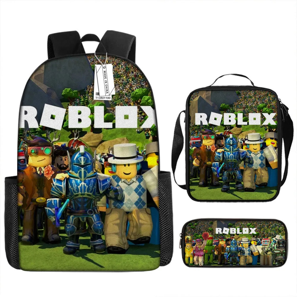 A set of three black backpacks featuring Roblox characters and branding on a green background.