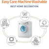 A white washing machine is shown with surrounding icons detailing its features like temperature settings and cycle options.