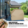 A beige wind-resistant BBQ grill cover is shown in a side view, highlighting its adjustable drawstring cords and secure fit d