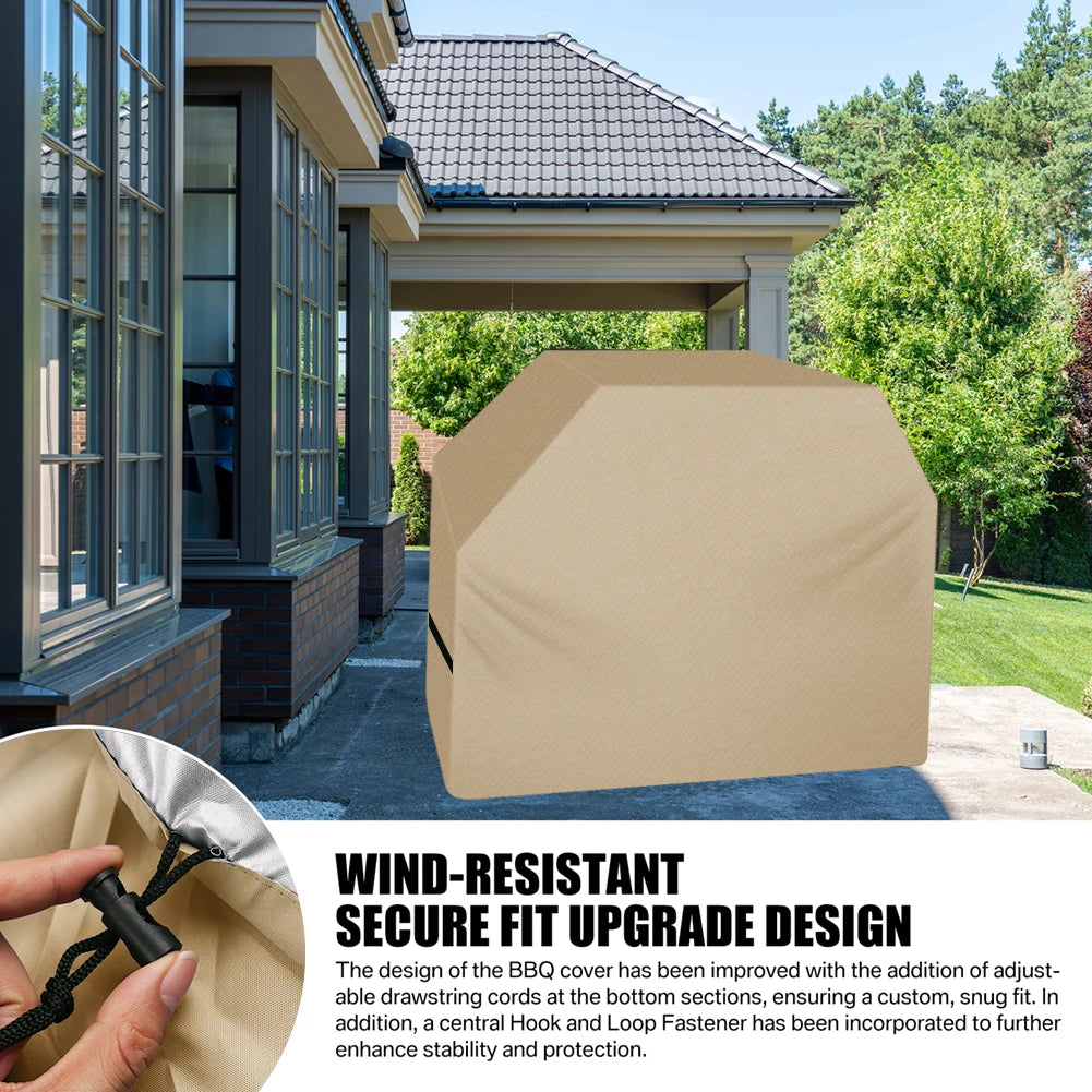 A beige wind-resistant BBQ grill cover is shown in a side view, highlighting its adjustable drawstring cords and secure fit d
