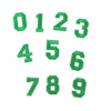 A set of green customizable number patches from zero to nine arranged in a row.