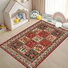 A richly patterned bohemian Persian area rug featuring deep reds, blues, and creams on a light wood floor.