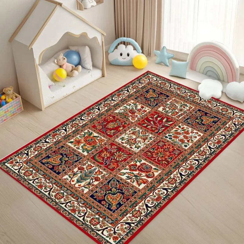 A richly patterned bohemian Persian area rug featuring deep reds, blues, and creams on a light wood floor.