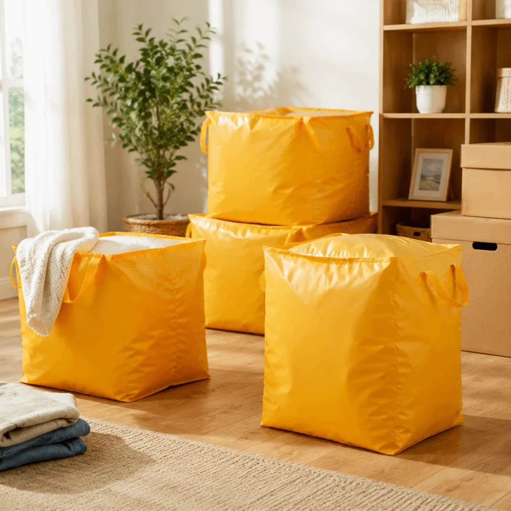 A stack of bright yellow heavy duty foldable storage sacks on a wooden floor next to a window.