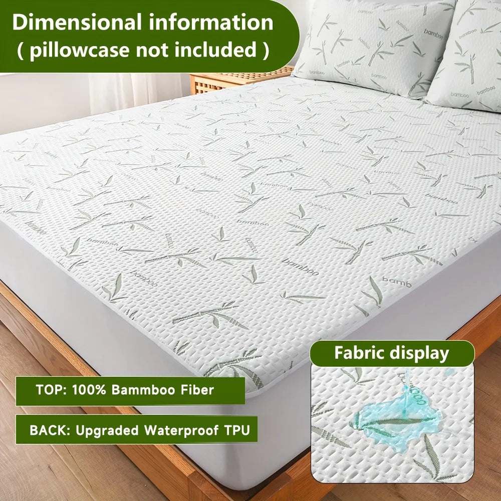 White bamboo fiber fitted sheet with a leaf pattern displayed on a mattress.