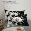 A black and white envelope pillowcase featuring a large white rose design.
