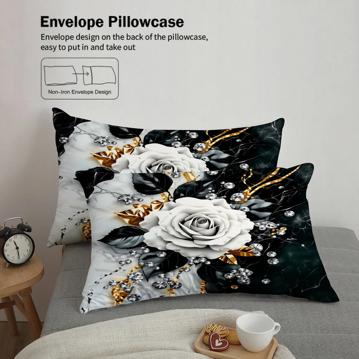 A black and white envelope pillowcase featuring a large white rose design.